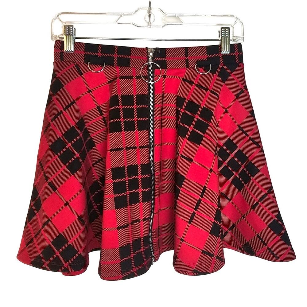 Hot Topic Red & Black Plaid Mini Skater Emo Goth Zippered Skirt Size Small